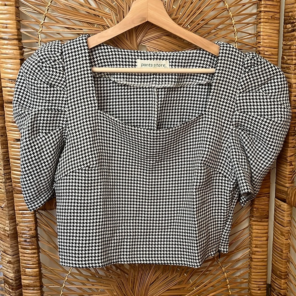 Pants Store Cropped Puff Sleeve Houndstooth Top - Size Large